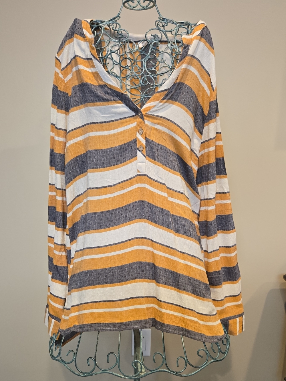 BKE Striped Henley Long Sleeve Top in Mustard, Black & White